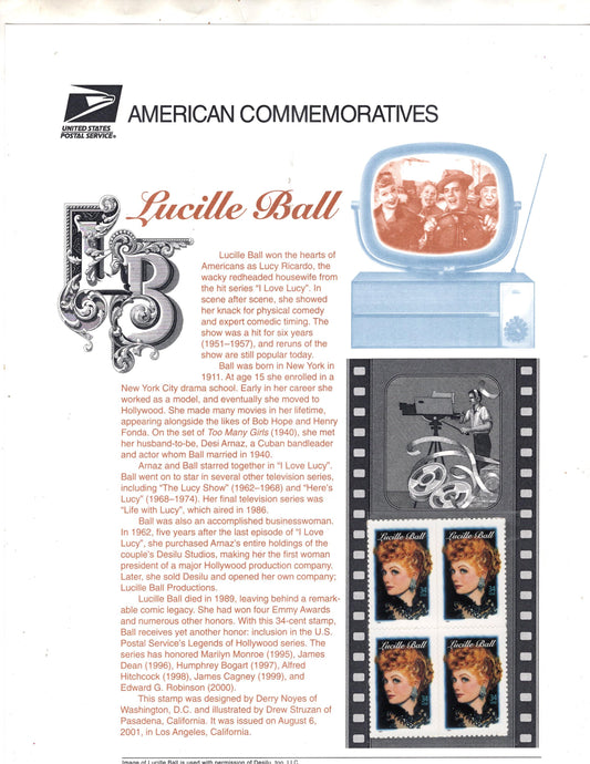 I LOVE LUCY Lucille Ball Commemorative Panel w/ Block of 4 Stamps Illustrations Text - Great Gift 8.5 x 11" Vintage 2001 - Free ShipUSA