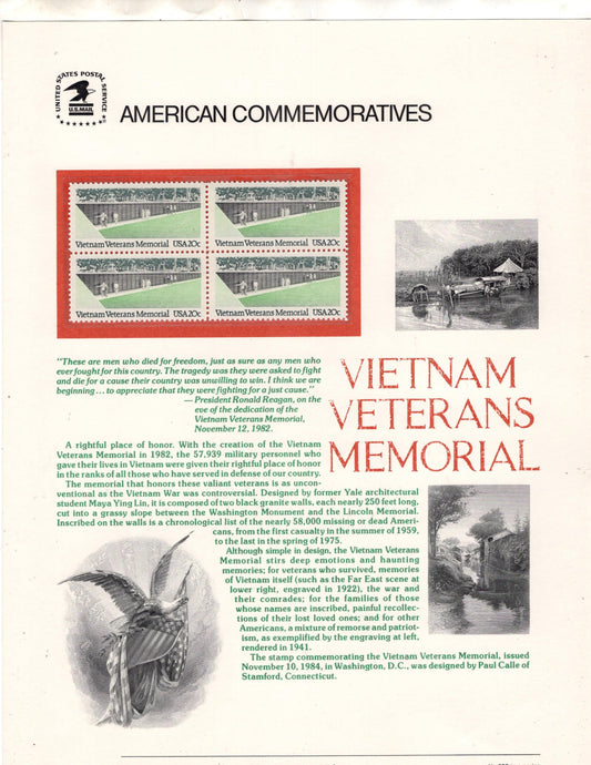 VIET NAM VETERANS War Memorial Commemorative Panel w/Block of 4 Stamps Text Illustrations - Thoughtful Gift - Vintage 1984 - Free ShipUSA