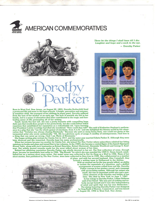 DOROTHY PARKER Humorist Commemorative Panel w/4 Stamps Text Illustrations - Great Gift - Round Algonquin Round Table Humor Verse-FreeShipUSA