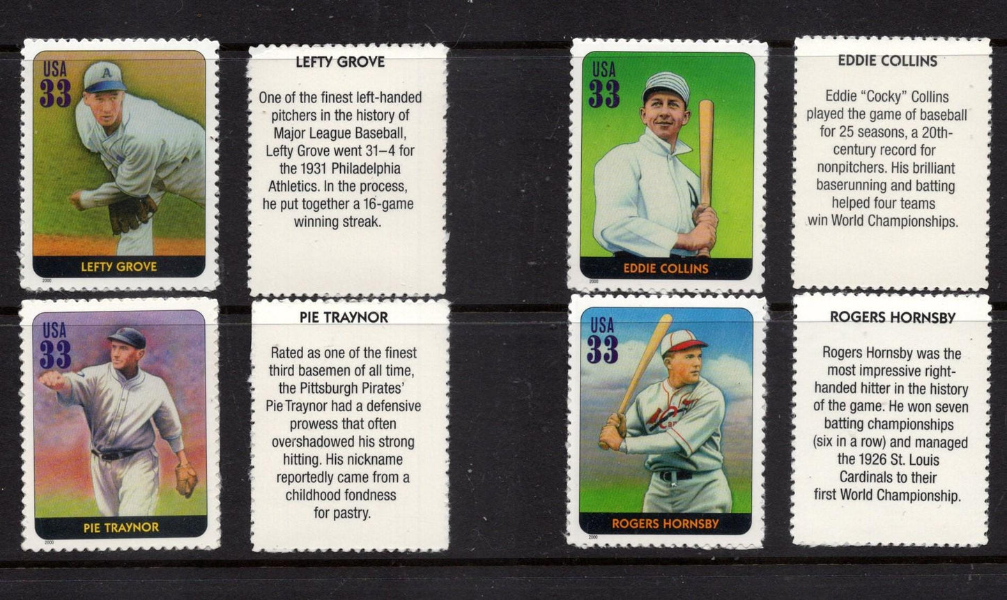 BASEBALL HALL of FAME inc Ruth Gehrig Young Cobb Dean Foxx Wagner Johnson 16 Player Pics + 16 Text Backs = 32 Post Office Stamps-FreeShipUSA