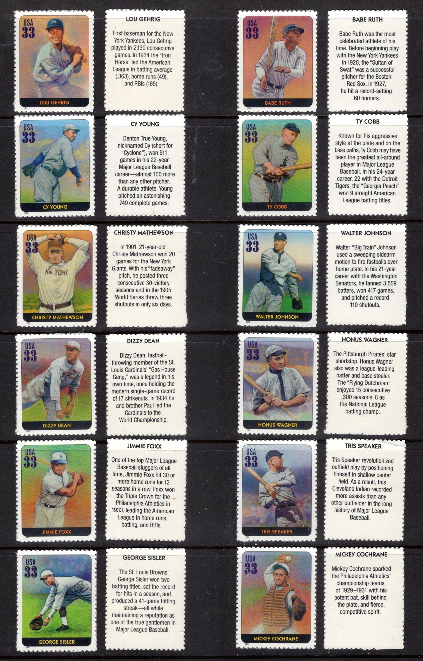 BASEBALL HALL of FAME inc Ruth Gehrig Young Cobb Dean Foxx Wagner Johnson 16 Player Pics + 16 Text Backs = 32 Post Office Stamps-FreeShipUSA