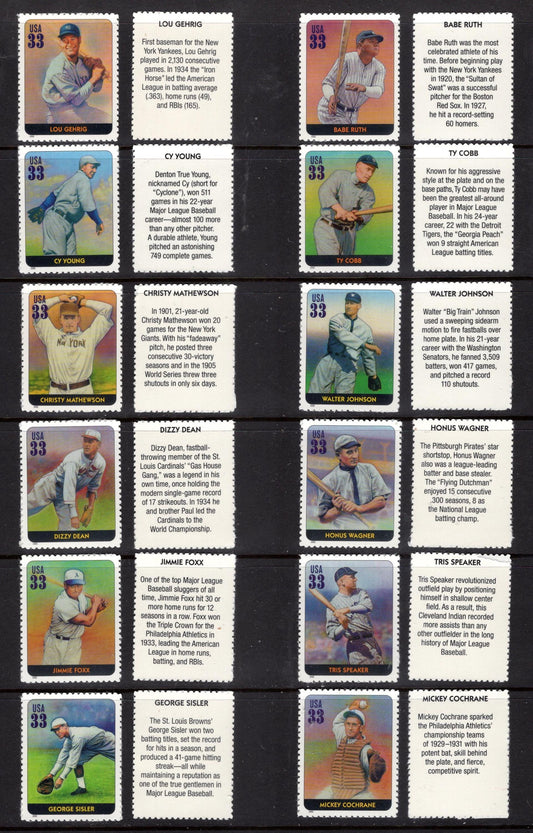 BASEBALL HALL of FAME inc Ruth Gehrig Young Cobb Dean Foxx Wagner Johnson 16 Player Pics + 16 Text Backs = 32 Post Office Stamps-FreeShipUSA