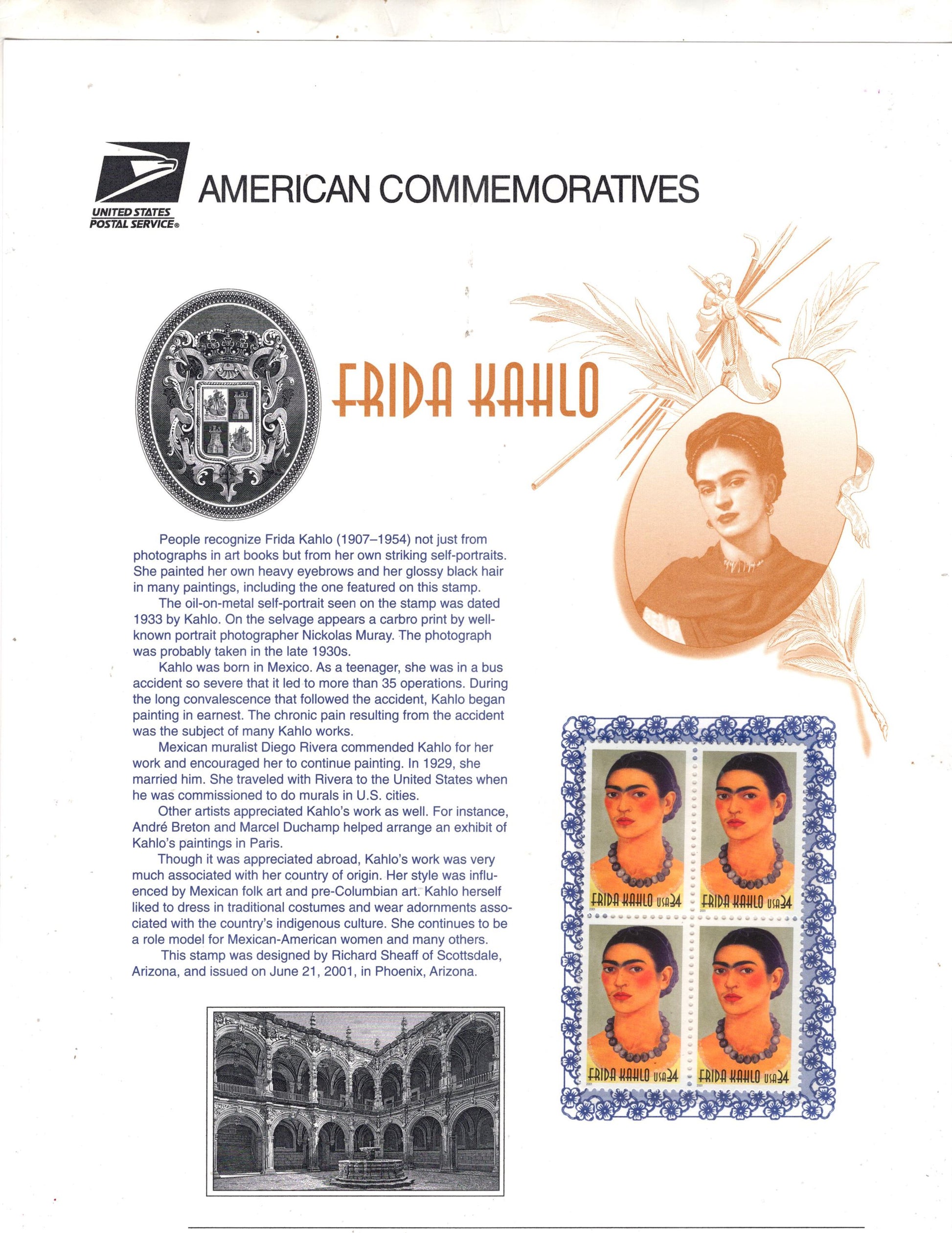 10 FRIDA KAHLO ARTIST Postage Stamps - Self-Portraits Nature Mexican Artifacts Painter Folk Art - Vintage 2001 - FreeUSA Shipping