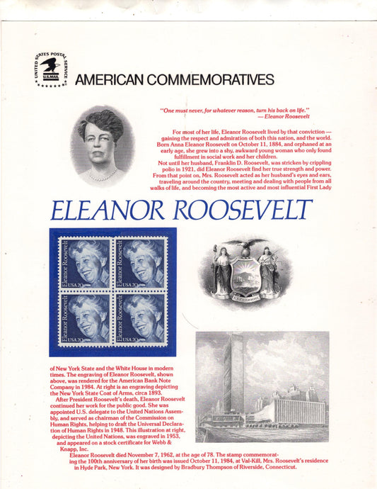 First Lady ELEANOR ROOSEVELT COMMEMORATIVE Panel w/Block of 4 Stamps Text Illustrations - Human Rights - Activist - Vintage 1984-FreeShipUSA