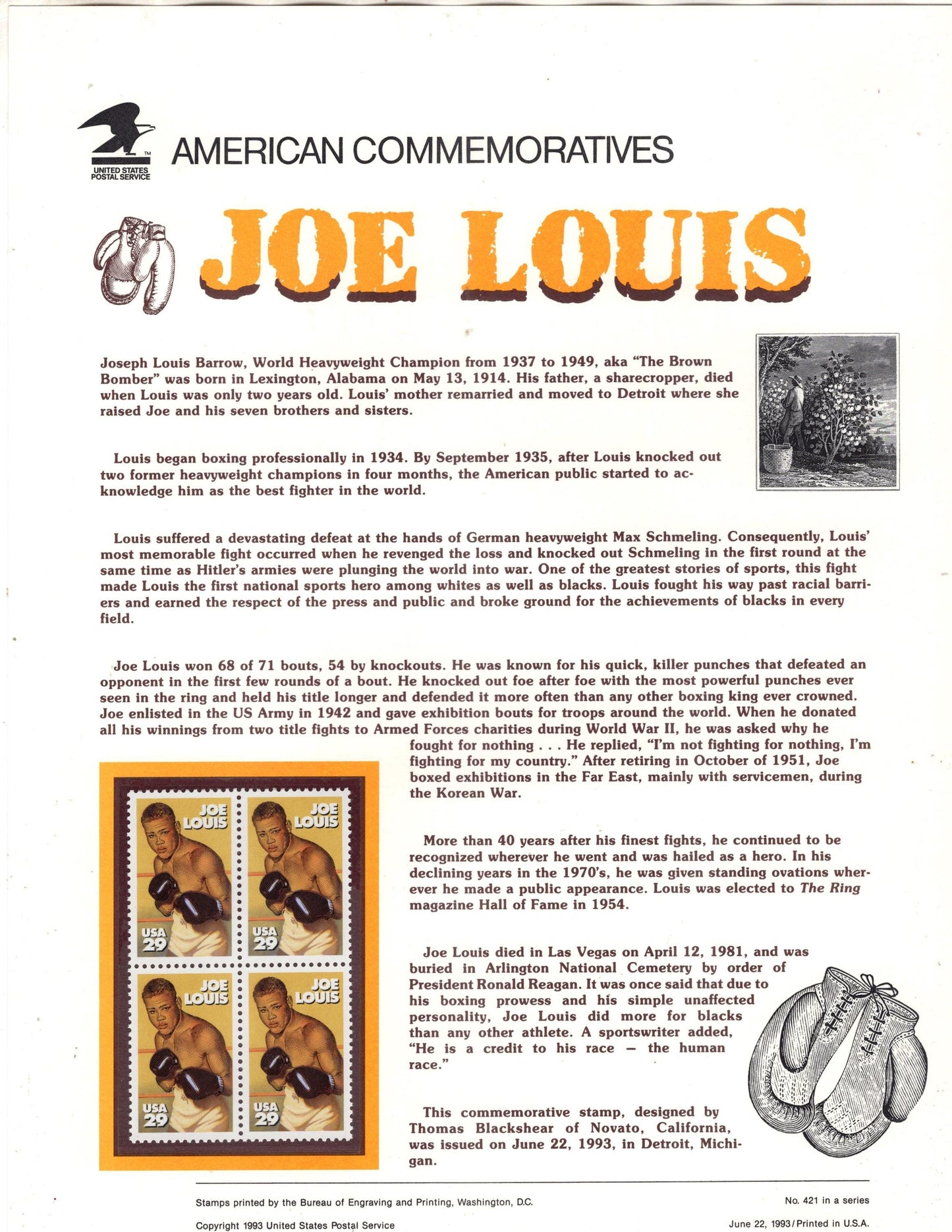 BOXER JOE LOUIS Heavyweight Champion - Commemorative Panel w/ Block of 4 Stamps Illustrations Text Great Gift 8.5x11 #421 - FreeUSA Ship