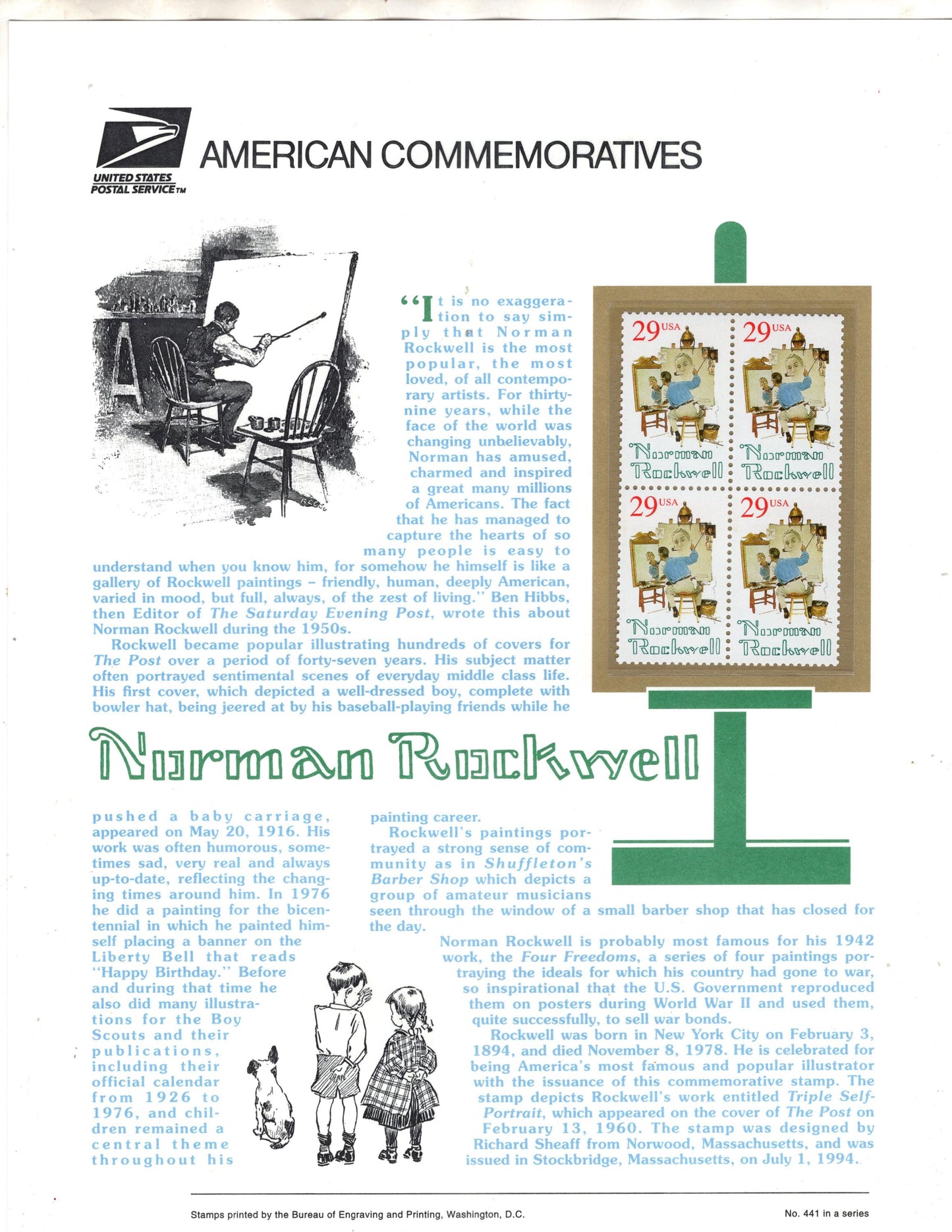 PAINTER NORMAN ROCKWELL - Self-Portrait Artist Commemorative Panel w/ Block of 4 Stamps Illustrations Text Great Gift 8.5x11 - FreeUSA Ship