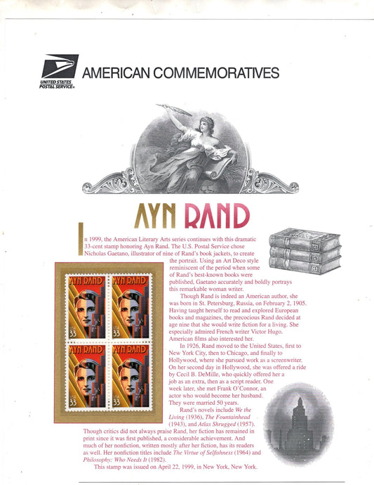 AYN RAND LITERARY Arts Atlas Shrugged Art Deco - Commemorative Panel w/ Block of 4 Stamps Illustrations Text Great Gift 8.5x11-FreeShipUS nn