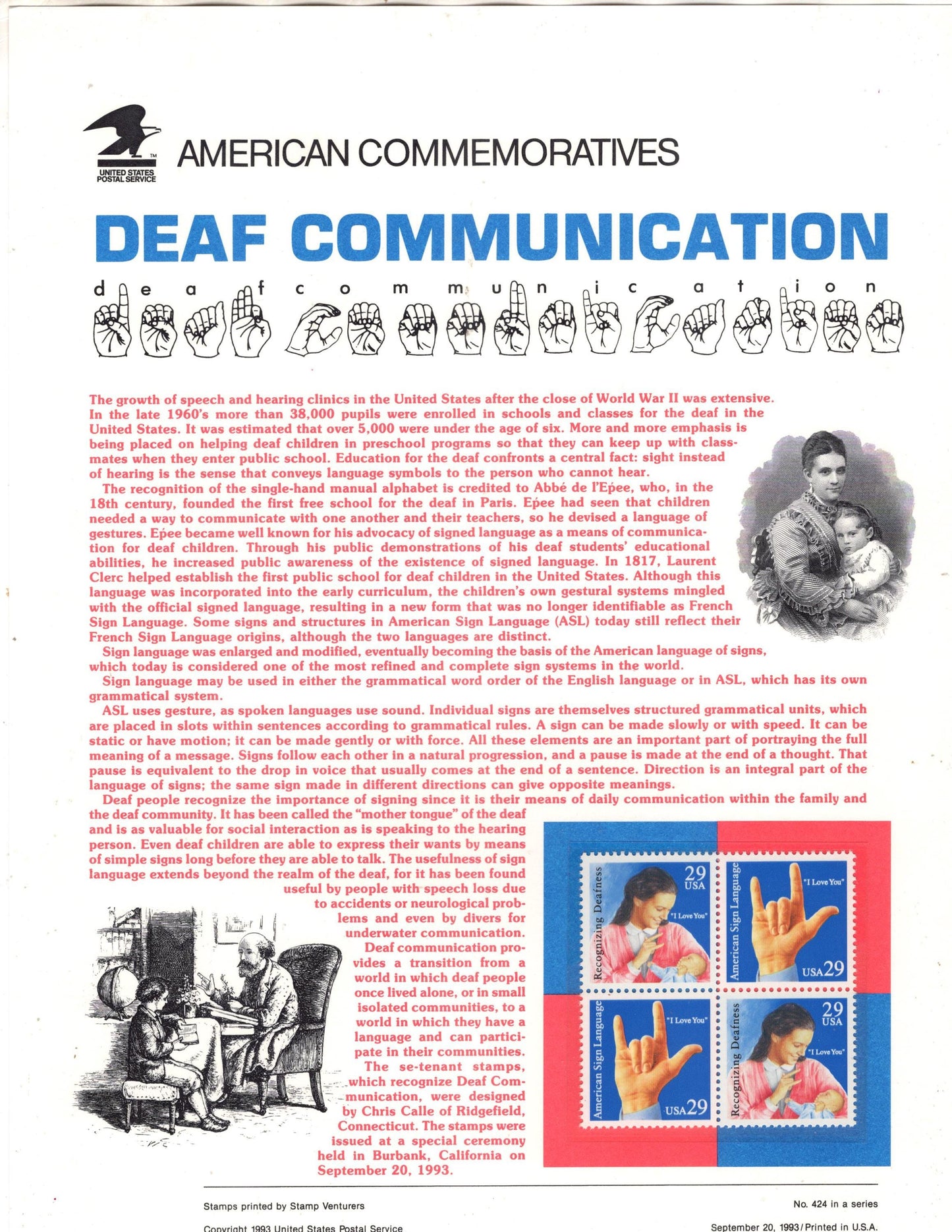 DEAF COMMUNICATION ASL American Sign Language Commemorative Panel w/ Block of 4 Stamps Illustrations Text Great Gift 8.5x11 - FreeUSA Ship