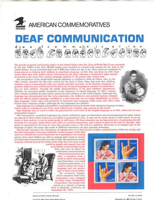 DEAF COMMUNICATION ASL American Sign Language Commemorative Panel w/ Block of 4 Stamps Illustrations Text Great Gift 8.5x11 