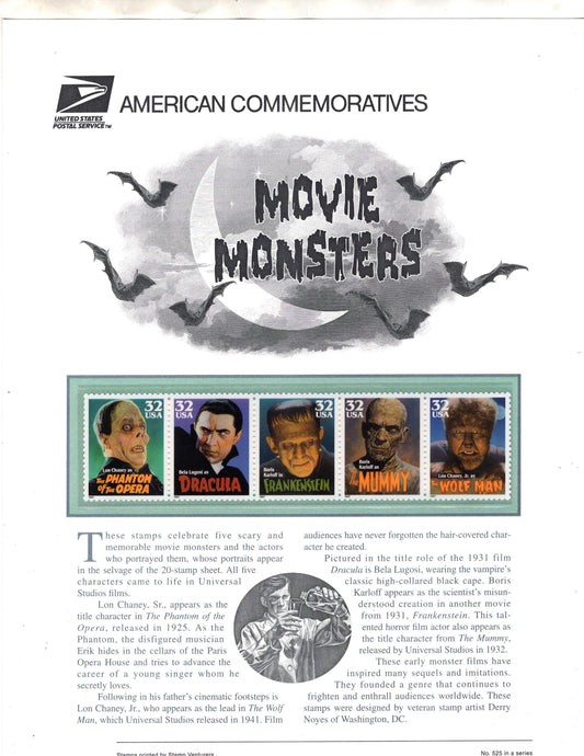 MOVIE MONSTERS inc DRACULA Frankenstein Phantom Chaney Karloff Lugosi Strip of 5 Stamps Illustrations Text Great Gift 8.5x11 