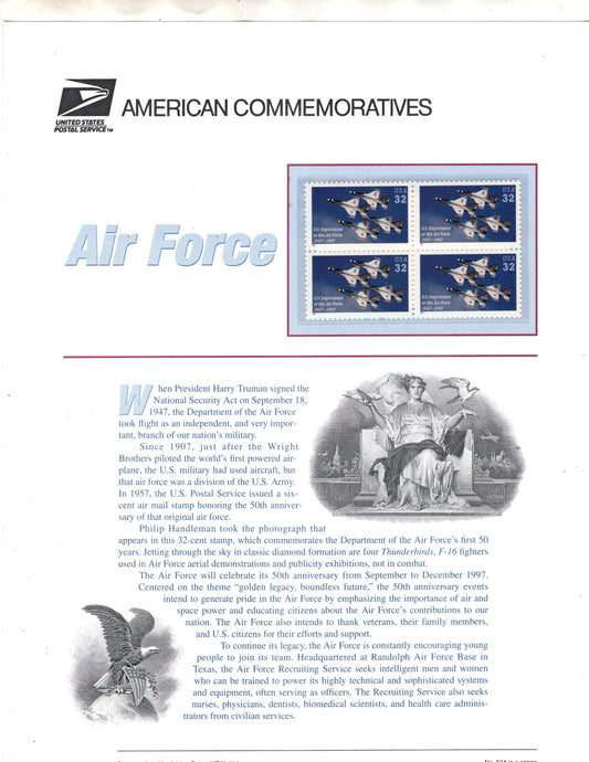 AIR FORCE THUNDERBIRDS Squadron Anniversary - Commemorative Panel w/ Block of 4 Stamps Illustrations Text Great Gift 8.5x11