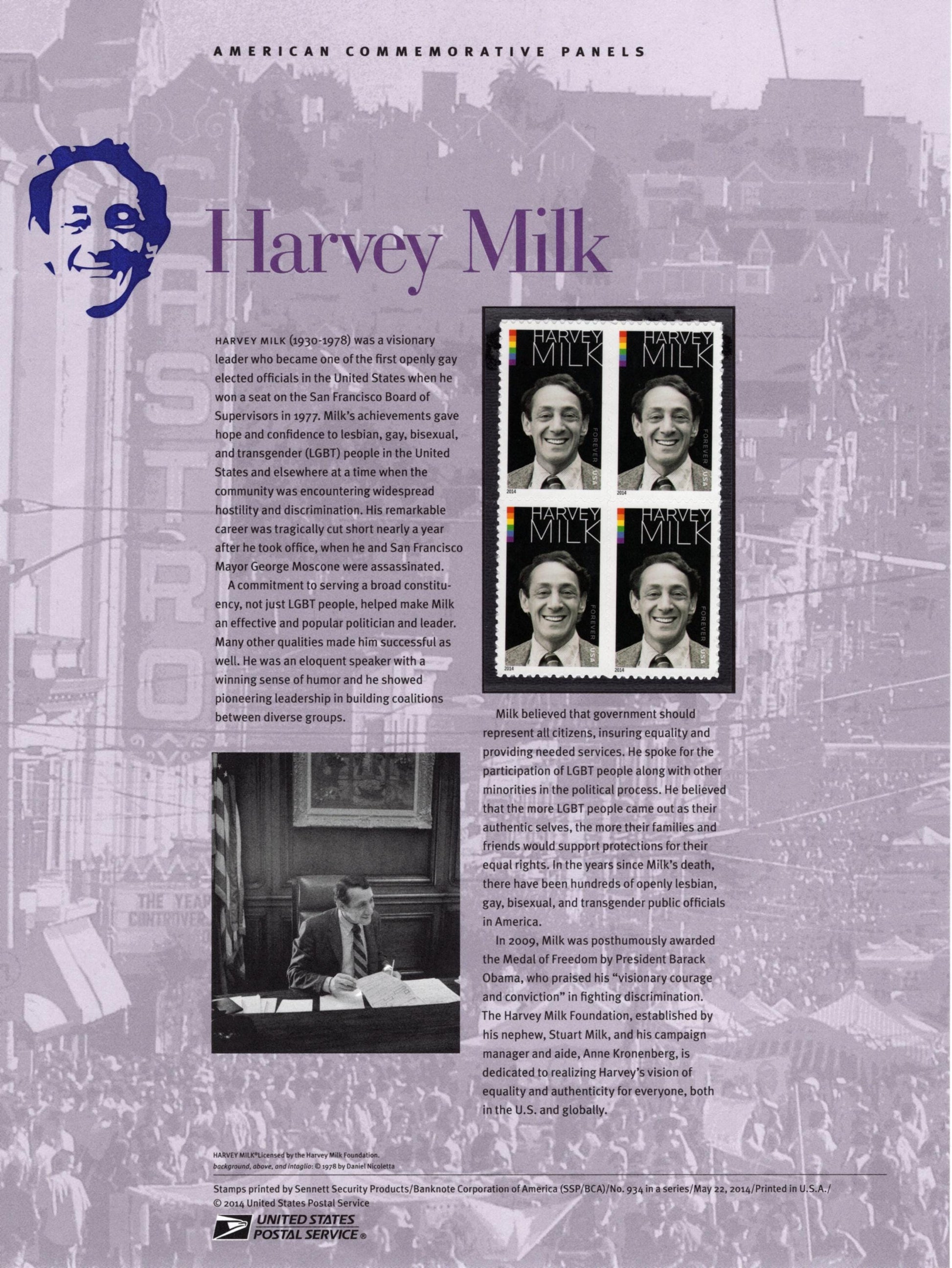 HARVEY MILK Homosexual Rights Advocate Politician Commemorative Panel w/Block of 4 Stamps Illustrations Text Great Gift 8.5x11 - FreeShipUSA