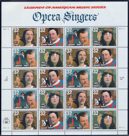 OPERA SINGERS inc Lily PONS Sheet of 20 32c Mint Stamps - Richard Tucker - Lawrence Tibbett - Rita Ponselle - Vintage 1997 - FreeShipUSA