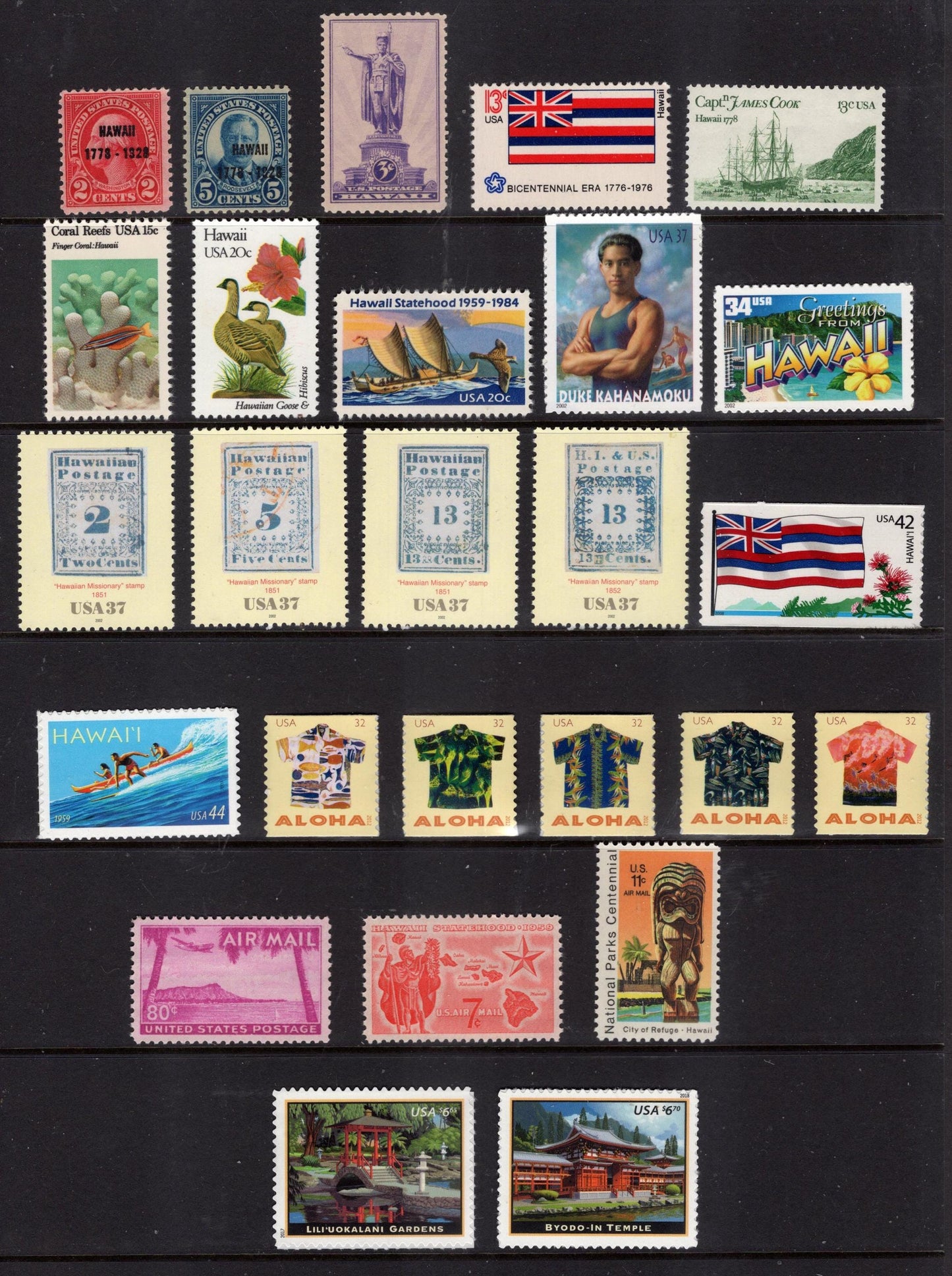 HAWAII #2 STAMP COLLECTION of 30 Stamps inc 1 Sheet of 4 Usa Postage Stamps - Vintage 1928/on -Stock# Hawaiian Col #2 