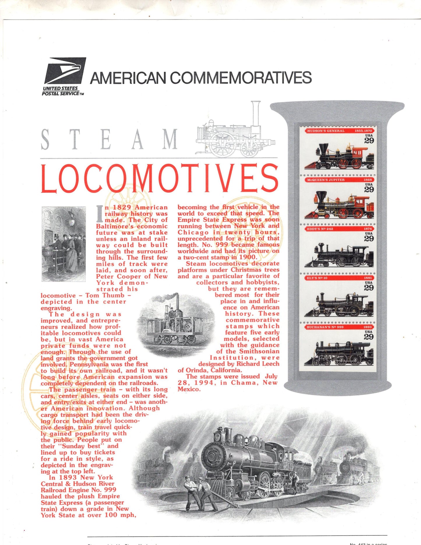 STEAM LOCOMOTIVES TRAINS - Railroad Engines Commemorative Panel w/ Block of 4 Stamps Illustrations Text Great Gift 8.5x11 