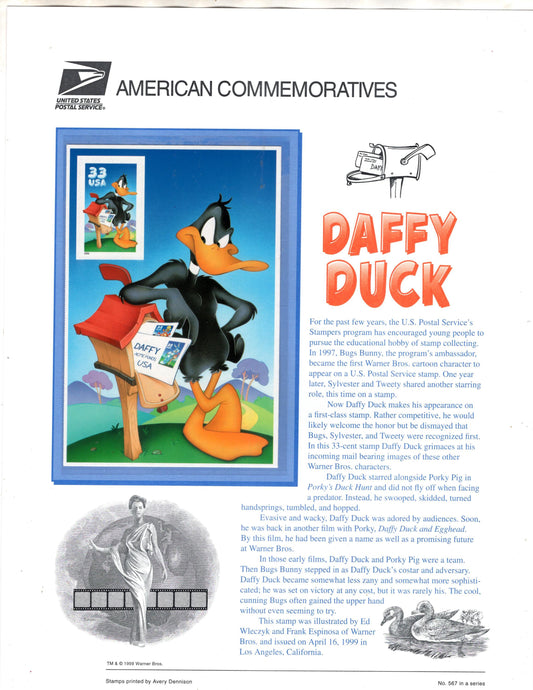 DAFFY DUCK MAIL Box Commemorative Panel w/ Sheet of 1 Stamp plus Illustrations Text Great Gift 8.5x11 Vintage 1999 Cat Bird 