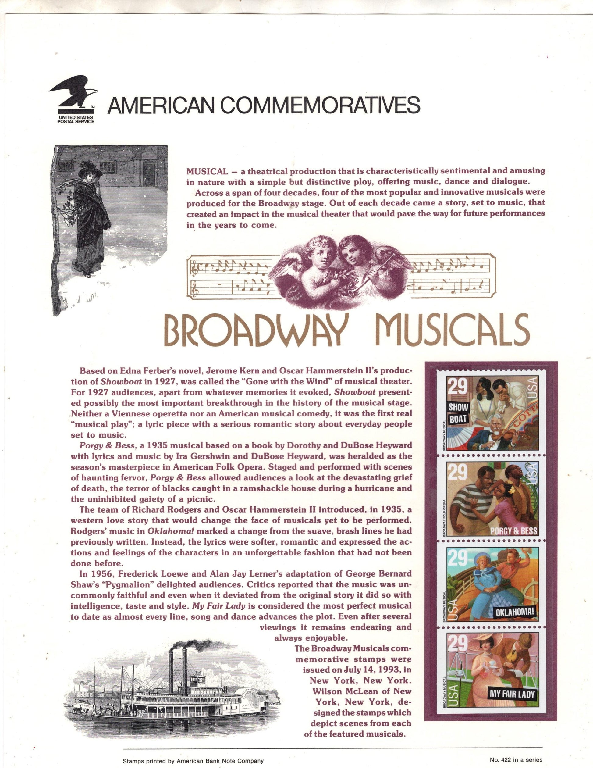 BROADWAY MUSICALS PORGY & Bess Oklahoma My Fair Lady Commemorative Panel w/Strip 4 Stamps Illustrations Text Great Gift 8.5x11 -FreeUSA Ship