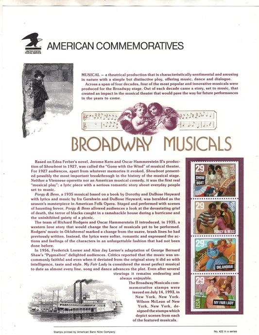 BROADWAY MUSICALS PORGY & Bess Oklahoma My Fair Lady Commemorative Panel w/Strip 4 Stamps Illustrations Text Great Gift 8.5x11