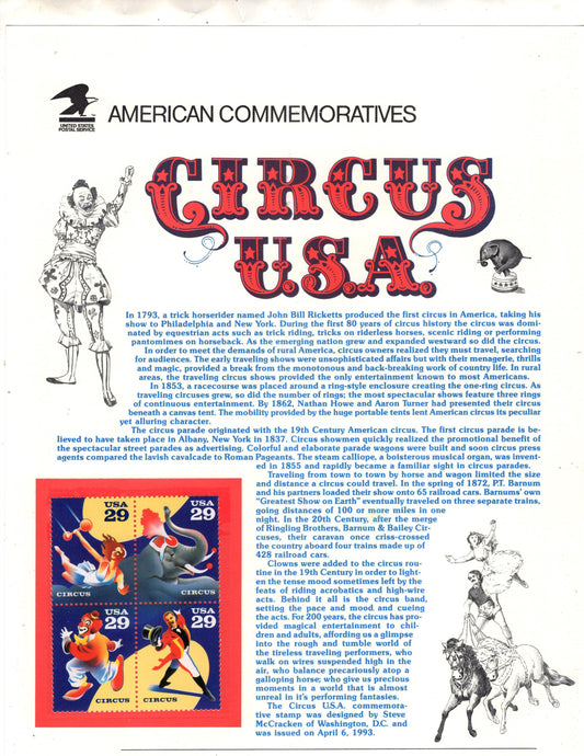 CIRCUS ELEPHANT TRAPEZE Clown Commemorative Panel w/Block of 4 Stamps plus Illustrations Text Great Gift 8.5x11 -Vintage 1993 