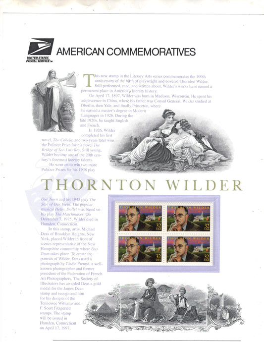 THORNTON WILDER LITERARY Arts - Our Town Bridge- Commemorative Panel w/ Block of 4 Stamps Illustrations Text Great Gift 8.5x11