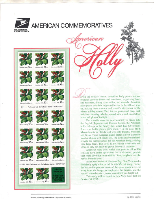 AMERICAN HOLLY CHRISTMAS Holidays Berries - Commemorative Panel w/Booklet of 20 Stamps Illustrations Text Great Gift 8.5x11