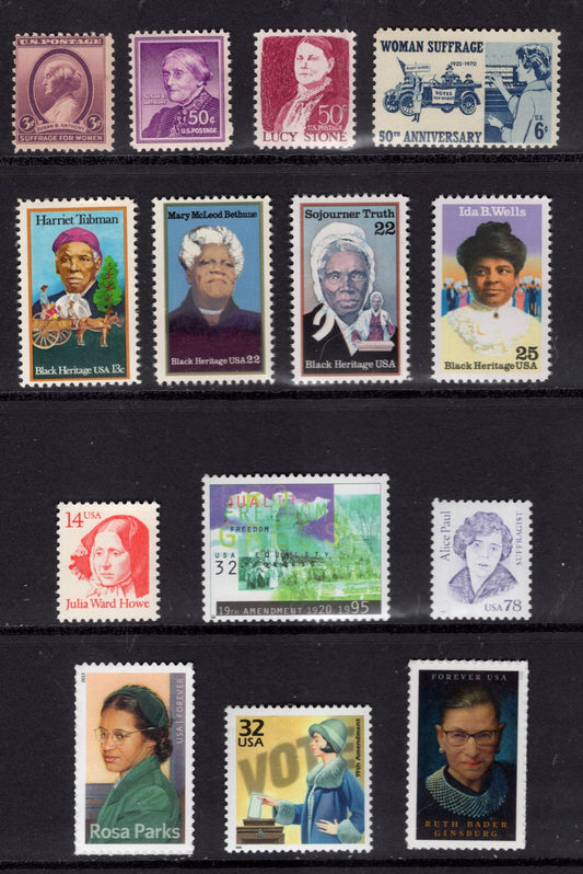 WOMEN'S SUFFRAGE COLLECTION of 14 Fresh Mint Stamps - Anthony Stone Tubman Bethune Truth Howe Wells Paul Parks Ginsburg Voting Free ShipUSA