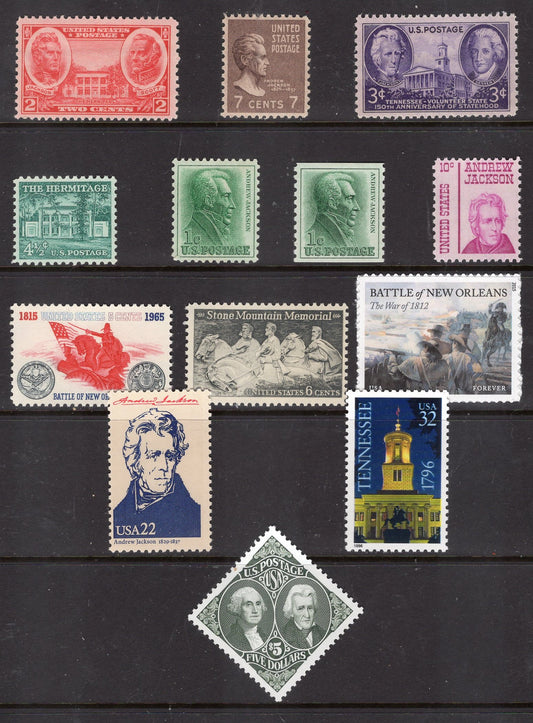 ANDREW JACKSON COLLECTION of 13 Stamps including Stone Mountain, The Hermitage, Battle of New Orleans, Tennessee Capitol - Issues from 1936 through 2015