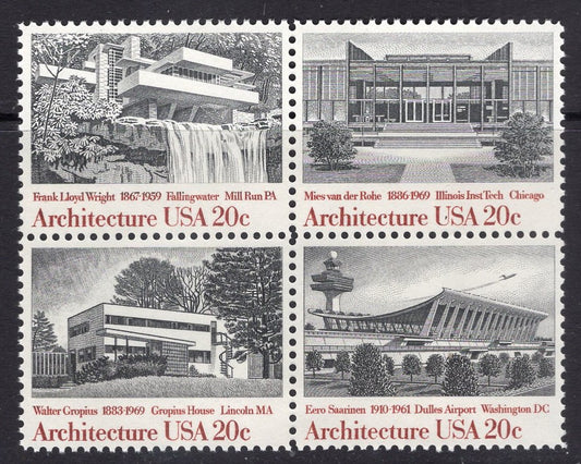 2 Architecture Blocks of 4 (8 stamps total) FRANK LLOYD WRIGHT - Walter GROPIUS - Eero SAARINENarinen - MIES van der ROHE Unused Fresh Bright US Postage - Issued in 1982 - s2019-22