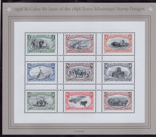 1998 BI-COLOR MISSISSIPPI Sheet of 9 Reissue Stamps of 1898 Bright Unused USA Postage Stamps - Issued in 1998 - s3209