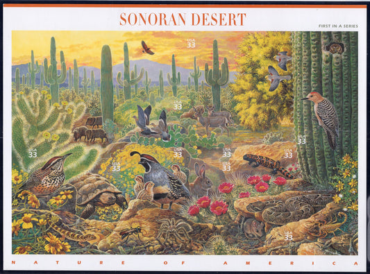 SONORAN DESERT SCENE Sheet of 10 - NATURE of AMERICA Sheet #1 of 12 - Fresh Bright Beautiful - Issued in 1999  - s3293