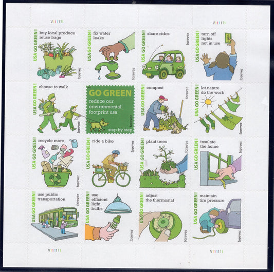 GO GREEN ECOLOGY Environment Protection Sheet of 12 - FOREVER STAMPS - Unused, Fresh, Bright - Issued in 2011 - s4524 M