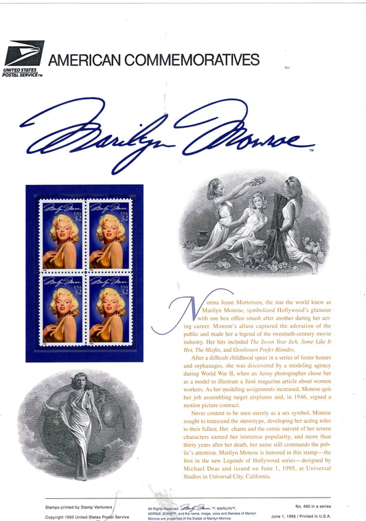 MARILYN MONROE LEGENDARY ACTRESS and SINGER - Special Commemorative Panel with 4 Stamps, Illustrations and Text - Makes a Great Gift measures about 8.5x11 - Issued 1997