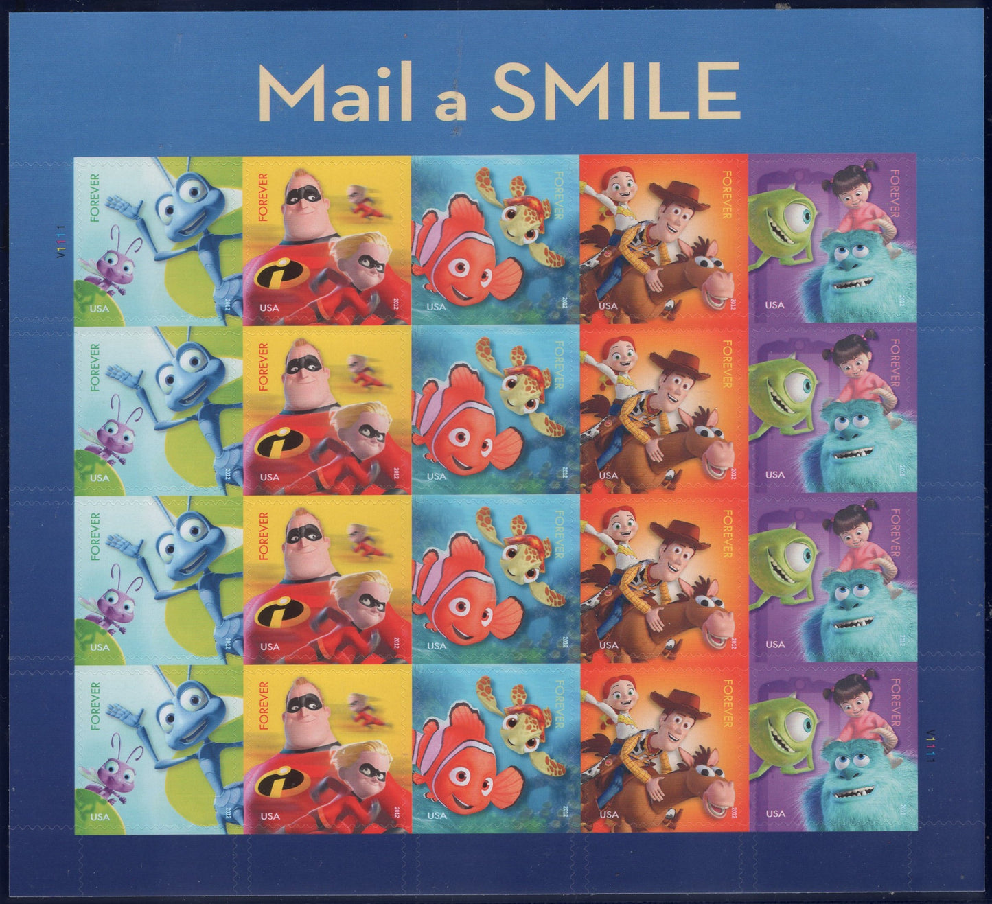 MAIL A SMILE Disney Sheet of 20 Stamps - Mint Post Office Fresh - Issued in 2012 - s4677 M