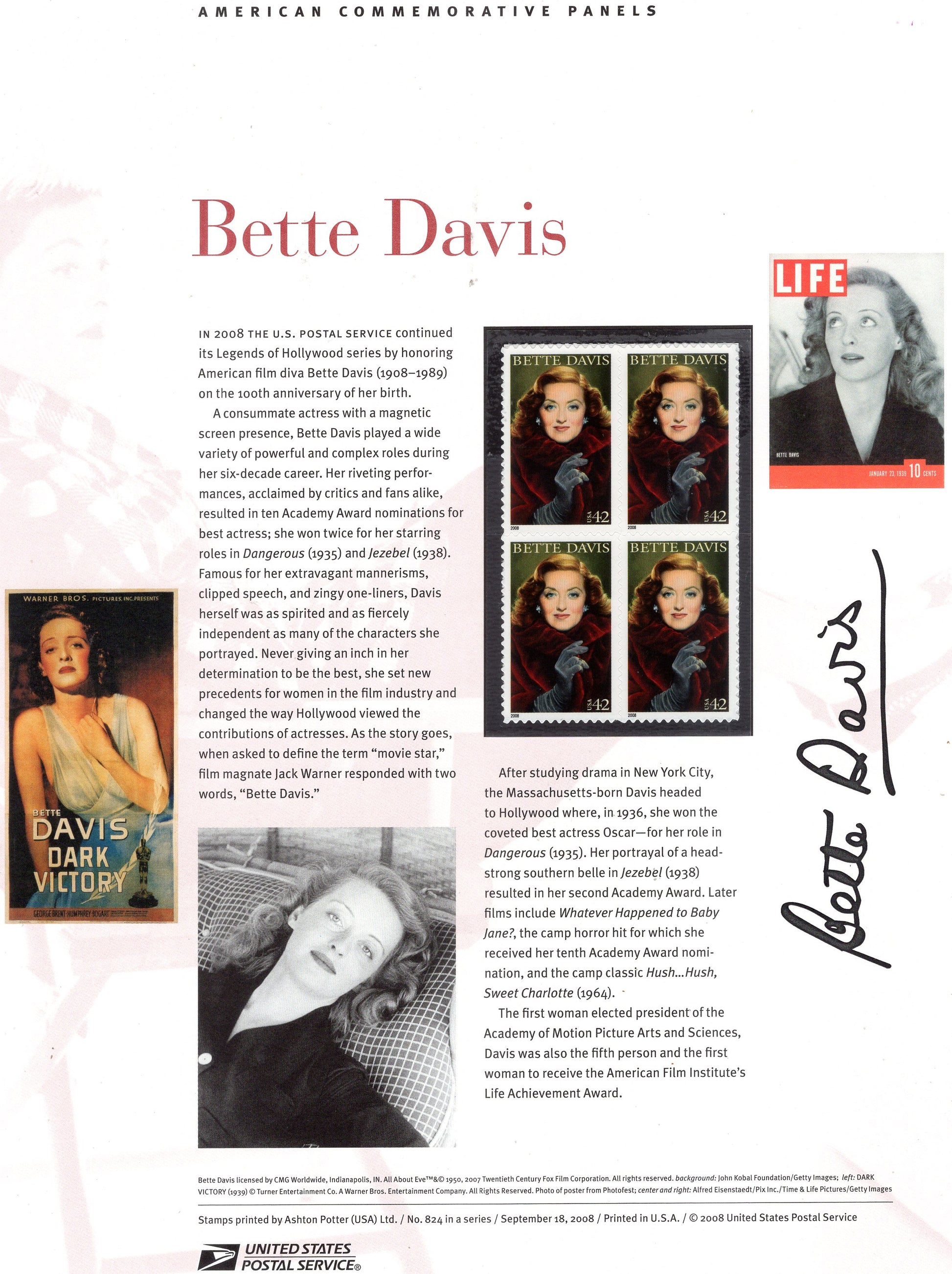 BETTE DAVIS - LEGENDARY ACTRESS - JEZEBEL - DANGEROUS - Special Commemorative Panel with 4 Stamps, Illustrations and Text - Makes a Great Gift - measures about 8.5x11 - Issued 2008