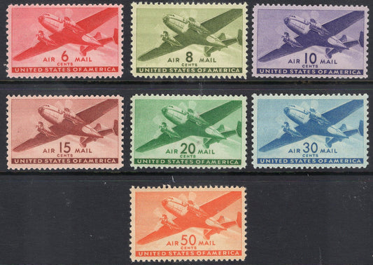 TRANSPORT PLANES 6c-50c Complete Set of 7 - Issued during 1941-1944.  Fresh and Bright USA Stamps