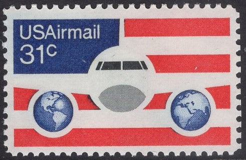 10 JET PLANE Globes Flag Airmail Stamps -Unused Fresh, Bright USA Postage - Issued in 1976 - sC90