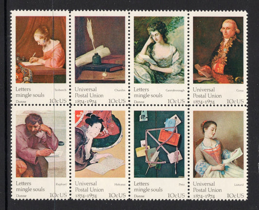 16 PAINTINGS ART LETTER Writing (2 Blocks of 8) USA Postage Stamps - Unused, Bright, P.O. Fresh - Issued in 1974 - s1530