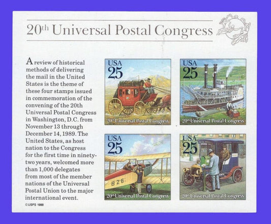 OLD MAIL Delivery Sheet of 4 US Postage Stamps - Unused, Bright and Post Office Fresh - Issued in 1989 - s2438 - 