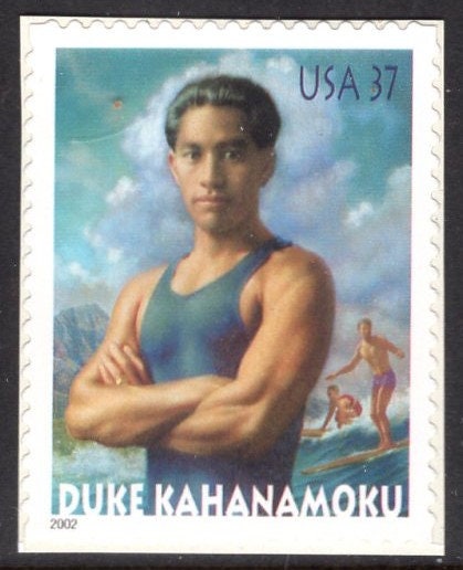 5 HAWAII SURFER Duke Kahanamoku Waikiki Beach - Bright, unused US Postage Stamps - Issued in 2002 - s3660 -