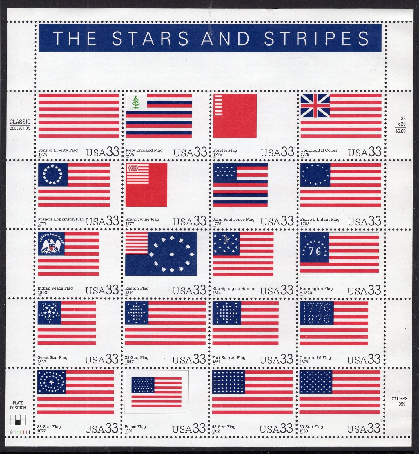 20 Different 33c FLAGS US Postage Stamps in Blocks - Unused, Bright, Post Office Fresh - Issued in 2000 - s3403