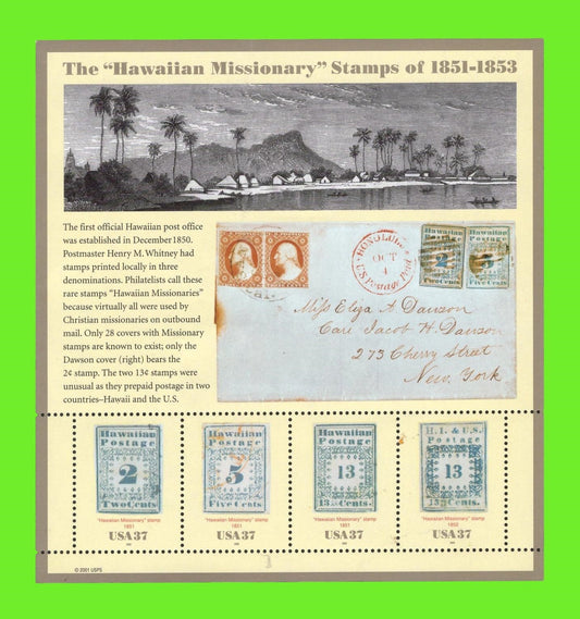 4 HAWAII MISSIONARY Stamps in Decorative Sheet - Unused, Bright Post Office Fresh - Issued in 2002 - s3694 -