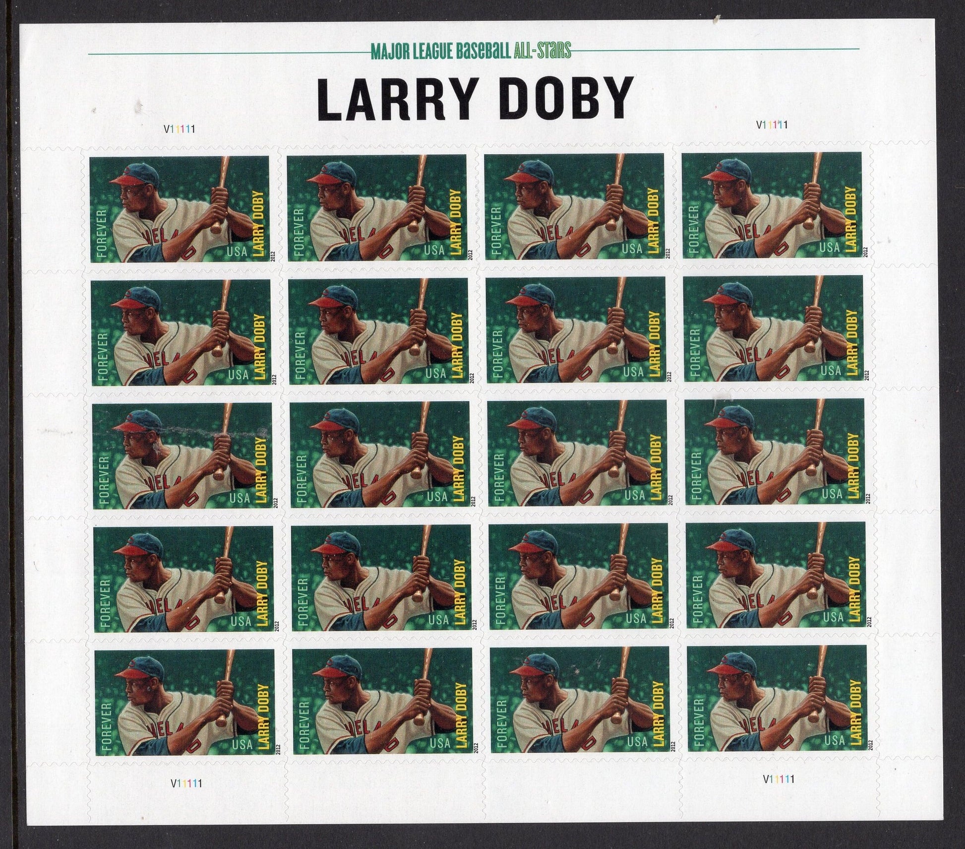 LARRY DOBY Sheet of 20 Cleveland Indian Baseball All - sTAR Fresh Unused USA Postage Stamps - Issued in 2012 - s4695 -