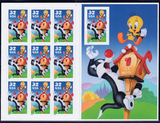 1 SYLVESTER & TWEETY Sheet of 10 LOONEY Tunes Mailbox Bright Unused USA Postage Stamps - Issued in 1998 - s3204 -