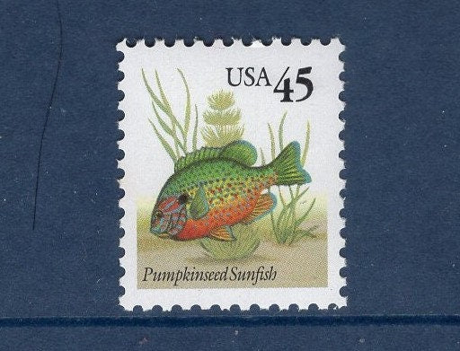 5 PUMPKINSEED SUNFISH Fish Fresh, Bright Unused US Postage Stamps - Issued in 1992 - s2481 -