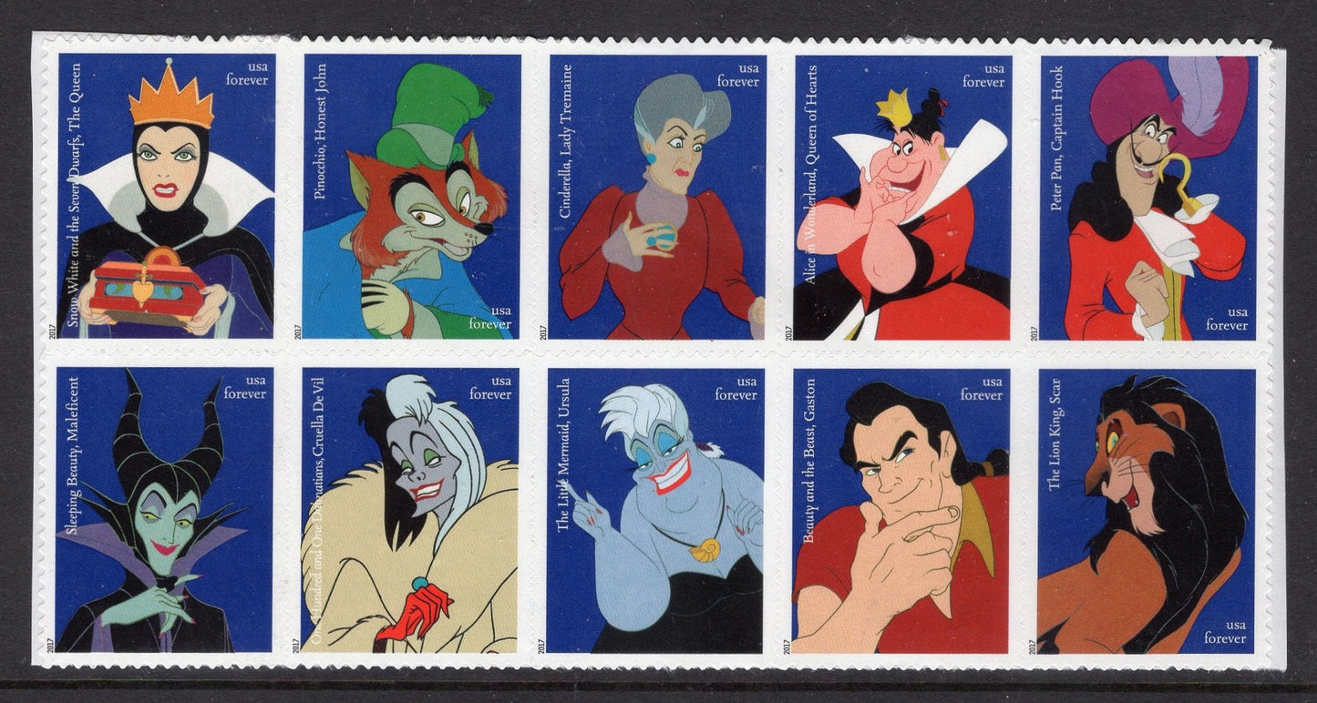 10 DISNEY VILLIANS all different FOREVER Unused Fresh Bright US Postage Stamps - Issued in 2017 - s5213-20 -