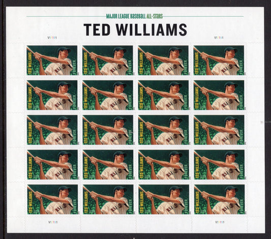 TED WILLIAMS Sheet of 20 Boston Red Sox Baseball All - star Fresh Unused USA Postage Stamps - Issued in 2012  - s4694 -