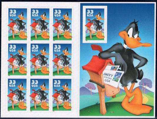 1 Daffy Duck Sheet of 10 Looney Tunes Mailbox Bright, Bright Unused US Postage Stamps - Issued in 1999 - s3306 -