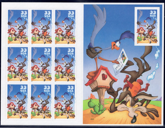1 Road Runner Wile E Coyote Sheet of 10 Looney Tunes Bright Unused US Postage Stamps - Issued in 2000 - s3391 -