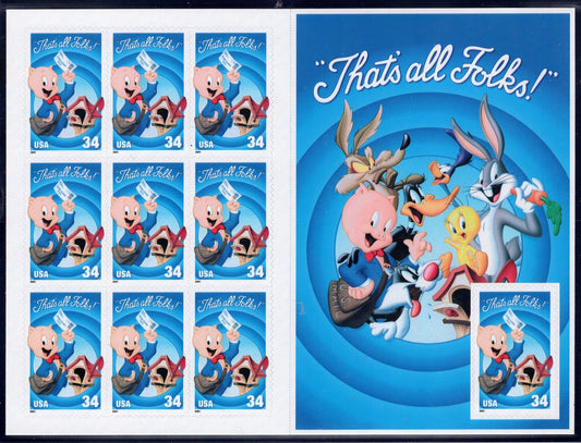 1 PORKY PIG Sheet of 10 That's All Folks! Looney Tunes Bright Unused US Postage Stamps - Issued in 2001 - s3534 -