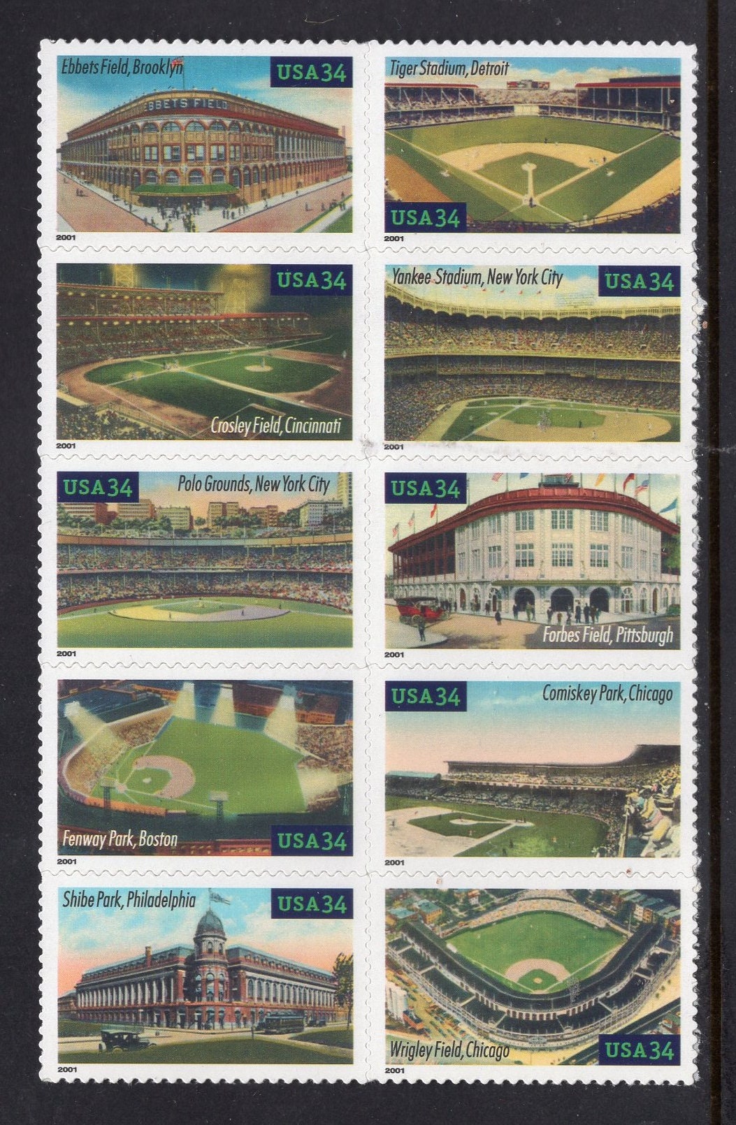 10 BASEBALL LEGENDARY STADIUMS Ball Parks Playing Fields Block w/Back Text (get 2 to display both sides)- Issued in 2001 - 3510BL -